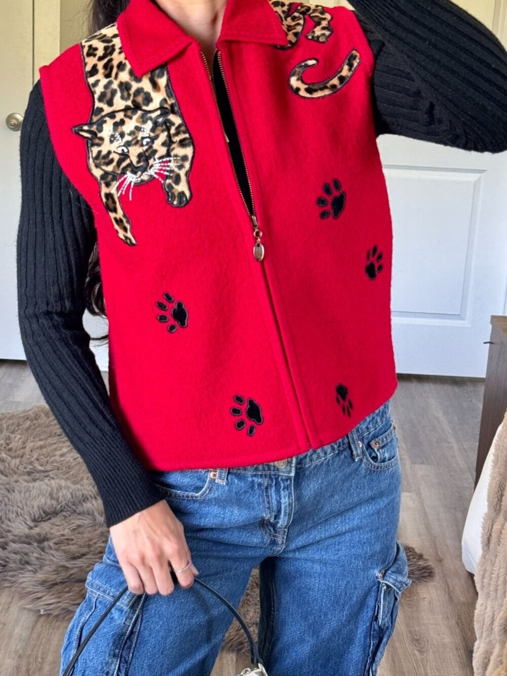 Vintage 90s Lisa International Red Wool Leopard Zip Up Vest Womens M Whimsigoth